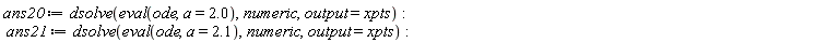 ans20 := dsolve(eval(ode, a = 2.0), numeric, output = xpts); ans21 := dsolve(eval(ode, a = 2.1), numeric, output = xpts)