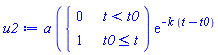 a*piecewise(t < t0, 0, t0 <= t, 1)*exp(-k*(t-t0))