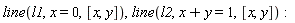 line(l1, x = 0, [x, y]), line(l2, x+y = 1, [x, y])