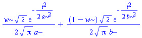 (1/2)*w*2^(1/2)*exp(-(1/2)*t^2/a^2)/(Pi^(1/2)*a)+(1/2)*(1-w)*2^(1/2)*exp(-(1/2)*t^2/b^2)/(Pi^(1/2)*b)