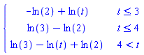 piecewise(t <= 3, -ln(2)+ln(t), t <= 4, ln(3)-ln(2), 4 < t, ln(3)-ln(t)+ln(2))