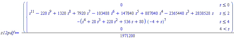(1/1971200)*piecewise(s <= 0, 0, s <= 2, s^11-220*s^9+1320*s^8+7920*s^7-103488*s^6+147840*s^5+887040*s^4-2365440*s^3+2838528*s, s <= 4, -(s^4+28*s^3+228*s^2+536*s+80)*(-4+s)^7, 4 < s, 0)