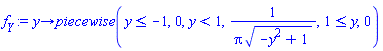proc (y) options operator, arrow; piecewise(y <= -1, 0, y < 1, 1/(Pi*(-y^2+1)^(1/2)), 1 <= y, 0) end proc