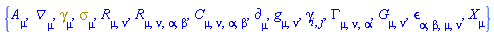 {A[mu], Physics:-D_[mu], Physics:-Dgamma[mu], Physics:-Psigma[mu], Physics:-Ricci[mu, nu], Physics:-Riemann[mu, nu, alpha, beta], Physics:-Weyl[mu, nu, alpha, beta], Physics:-d_[mu], Physics:-g_[mu, nu], Physics:-gamma_[i, j], Physics:-Christoffel[mu, nu, alpha], Physics:-Einstein[mu, nu], Physics:-LeviCivita[alpha, beta, mu, nu], Physics:-SpaceTimeVector[mu](X)}