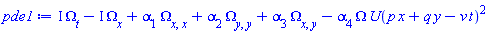 I*(diff(Omega(x, y, t), t))-I*(diff(Omega(x, y, t), x))+alpha[1]*(diff(diff(Omega(x, y, t), x), x))+alpha[2]*(diff(diff(Omega(x, y, t), y), y))+alpha[3]*(diff(diff(Omega(x, y, t), x), y))-alpha[4]*Omega(x, y, t)*U(p*x+q*y-t*v)^2