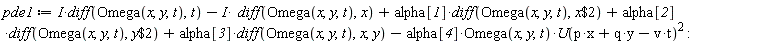 pde1 := I*(diff(Omega(x, y, t), t))-I*(diff(Omega(x, y, t), x))+alpha[1]*(diff(Omega(x, y, t), `$`(x, 2)))+alpha[2]*(diff(Omega(x, y, t), `$`(y, 2)))+alpha[3]*(diff(Omega(x, y, t), x, y))-alpha[4]*Omega(x, y, t)*U(p*x+q*y-t*v)^2