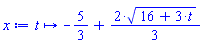 proc (t) options operator, arrow; -5/3+(2/3)*(16+3*t)^(1/2) end proc