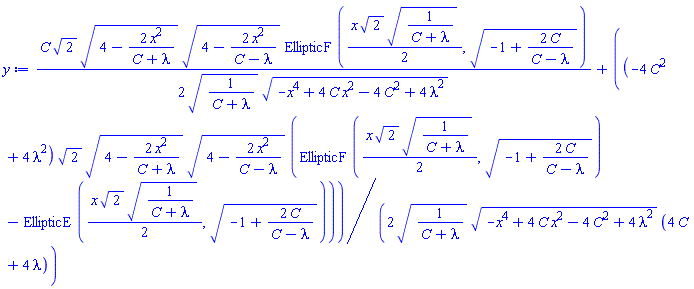 (1/2)*C*2^(1/2)*(4-2*x^2/(C+lambda))^(1/2)*(4-2*x^2/(C-lambda))^(1/2)*EllipticF((1/2)*x*2^(1/2)*(1/(C+lambda))^(1/2), (-1+2*C/(C-lambda))^(1/2))/((1/(C+lambda))^(1/2)*(-x^4+4*C*x^2-4*C^2+4*lambda^2)^(1/2))+(1/2)*(-4*C^2+4*lambda^2)*2^(1/2)*(4-2*x^2/(C+lambda))^(1/2)*(4-2*x^2/(C-lambda))^(1/2)*(EllipticF((1/2)*x*2^(1/2)*(1/(C+lambda))^(1/2), (-1+2*C/(C-lambda))^(1/2))-EllipticE((1/2)*x*2^(1/2)*(1/(C+lambda))^(1/2), (-1+2*C/(C-lambda))^(1/2)))/((1/(C+lambda))^(1/2)*(-x^4+4*C*x^2-4*C^2+4*lambda^2)^(1/2)*(4*C+4*lambda))