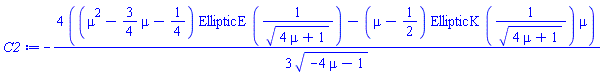-(4/3)*((mu^2-(3/4)*mu-1/4)*EllipticE(1/(4*mu+1)^(1/2))-(mu-1/2)*EllipticK(1/(4*mu+1)^(1/2))*mu)/(-4*mu-1)^(1/2)