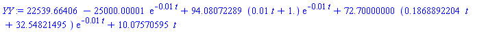 YY := 22539.66406-25000.00001*exp(-0.1e-1*t)+94.08072289*(0.1e-1*t+1.)*exp(-0.1e-1*t)+72.70000000*(.1868892204*t+32.54821495)*exp(-0.1e-1*t)+10.07570595*t