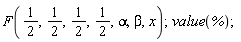 F(1/2, 1/2, 1/2, 1/2, alpha, beta, x); value(%)