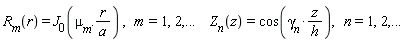 R__m(r) = J__0(`&mu;__m`.(r/a)), m = 1, 2, () .. Z__n(z) = cos(`&gamma;__n`*z/h), n = 1, 2, () .. ()