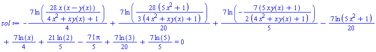 -(7/4)*ln(28*x*(x-y(x))/(4*x^2+x*y(x)+1))+(7/20)*ln((28/3)*(5*x^2+1)/(4*x^2+x*y(x)+1))+(7/5)*ln(-(7/2)*(5*x*y(x)+1)/(4*x^2+x*y(x)+1))-(7/20)*ln(5*x^2+1)+(7/4)*ln(x)+(21/5)*ln(2)-((7/5)*I)*Pi+(7/20)*ln(3)+(7/5)*ln(5) = 0