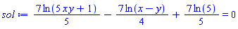 (7/5)*ln(5*x*y+1)-(7/4)*ln(x-y)+(7/5)*ln(5) = 0