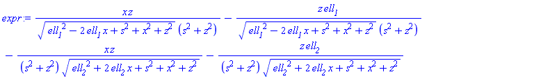 x*z/((ell__1^2-2*ell__1*x+s^2+x^2+z^2)^(1/2)*(s^2+z^2))-z*ell__1/((ell__1^2-2*ell__1*x+s^2+x^2+z^2)^(1/2)*(s^2+z^2))-x*z/((s^2+z^2)*(ell__2^2+2*ell__2*x+s^2+x^2+z^2)^(1/2))-z*ell__2/((s^2+z^2)*(ell__2^2+2*ell__2*x+s^2+x^2+z^2)^(1/2))
