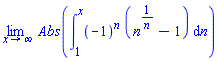 limit(Abs(int((-1)^n*(n^(1/n)-1), n = 1 .. x)), x = infinity)
